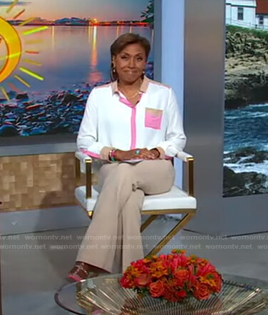 Robin's white pink and beige contrast blouse on Good Morning America
