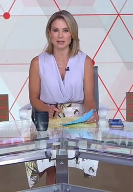 Amy's lilac sleeveless wrap top and floral skirt on Good Morning America