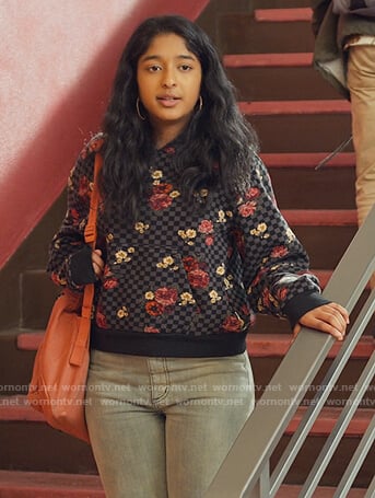 Devi's black floral check hoodie on Never Have I Ever