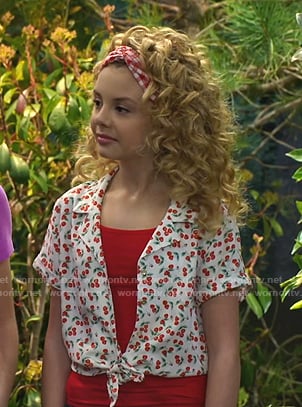 Destiny's white cherry print tie front top on Bunkd