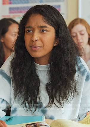 Devi's blue tie dye sweatshirt on Never Have I Ever