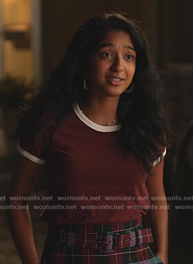 Devi's burgundy ringer tee on Never Have I Ever