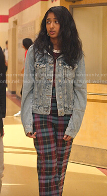 Devi's denim jacket and blue plaid belted pants on Never Have I Ever
