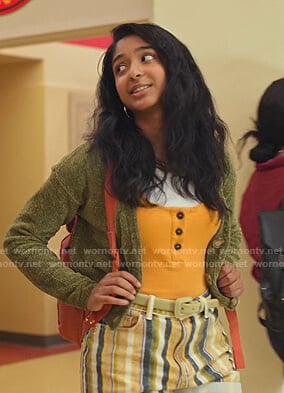 Devi's green cardigan and yellow striped shorts on Never Have I Ever