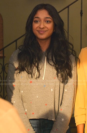 Devi's gray star hoodie on Never Have I Ever