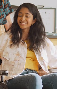 Devi's pink floral jacket on Never Have I Ever