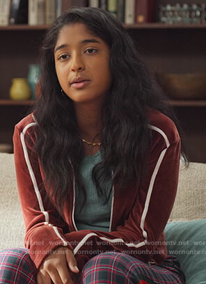 Devi's blue pointelle top and velvet jacket on Never Have I Ever