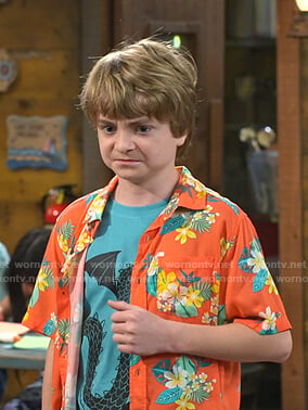Finn's orange tropical print shirt on Bunkd