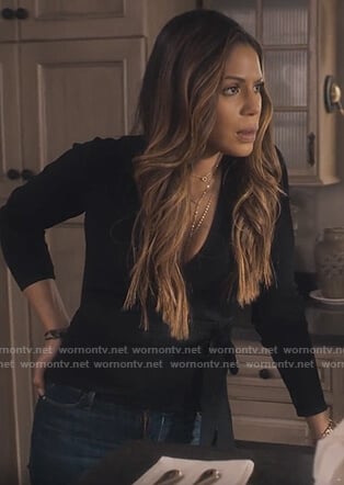 Grace's black wrap sweater on Greenleaf