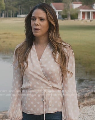 Grace's pink polka dot wrap blouse on Greenleaf