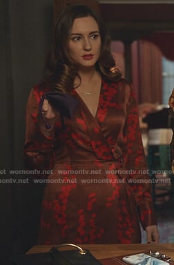 Joy's brown floral wrap dress on Good Witch