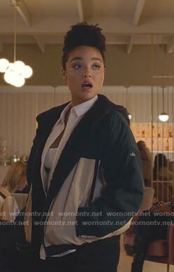 Kat's green and beige hooded jacket on The Bold Type