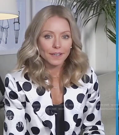 Kelly's white polka dot blazer on Live with Kelly and Ryan