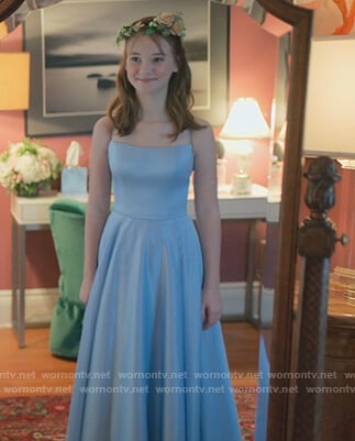 Kristy's blue satin off shoulder gown on The Baby-Sitters Club