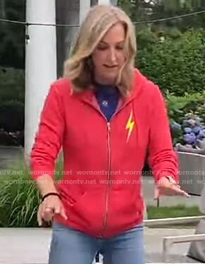 Lara's red lightning bolt zip front hoodie on Good Morning America