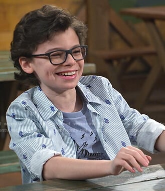 Matteo's blue striped robot print shirt on Bunkd