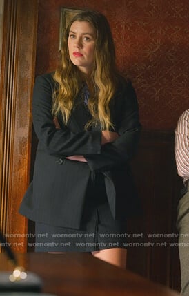 McAfee's blue geometric print blouse on The Politician