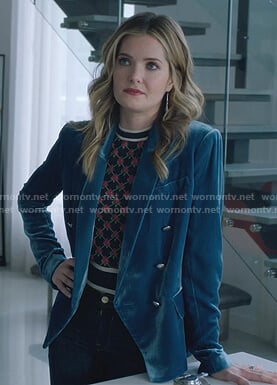 Sutton's patterned vest and blue velvet blazer on The Bold Type