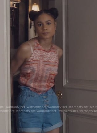 Sophia's red paisley top and denim shorts on Greenleaf