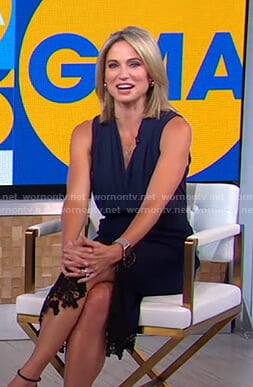 Amy's navy sleeveless wrap top and lace skirt on Good Morning America