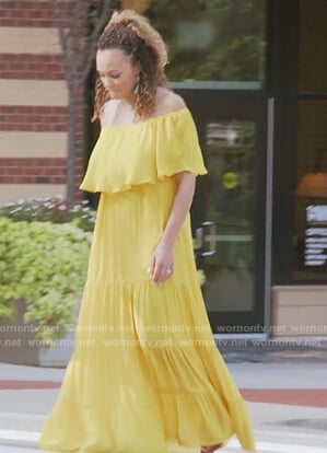 Ashley's yellow off shoulder maxi dress on The Real Housewives of Potomac