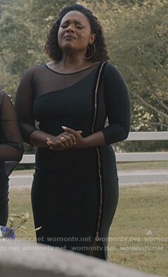 Charity's black zip embellished mesh dress on Greenleaf