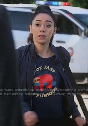 Ella's blue Not Fast Not Furious tee on Lucifer