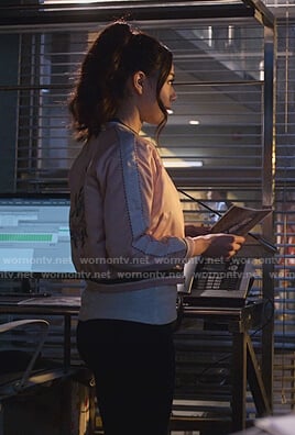 Ella's pink floral embroidered bomber jacket on Lucifer
