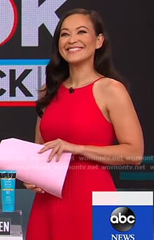 Eva Pilgrim's red and pink colorblock pleated dress on Good Morning America