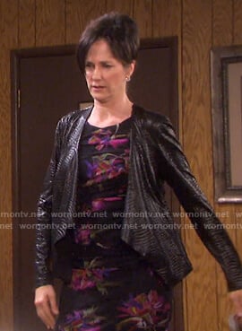 Eve's black floral dress and crocodile draped jacket on Days of our Lives