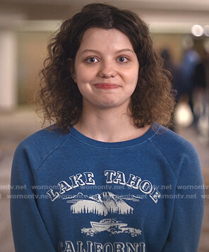 Jullian's blue Lake Tahoe print sweatshirt on Trinkets