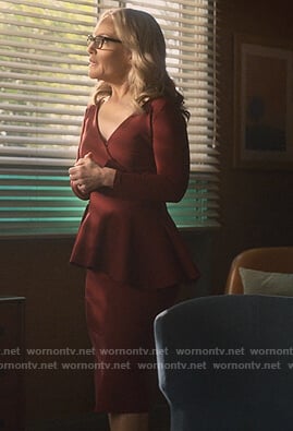 Linda's burgundy wrap ruffled dress on Lucifer