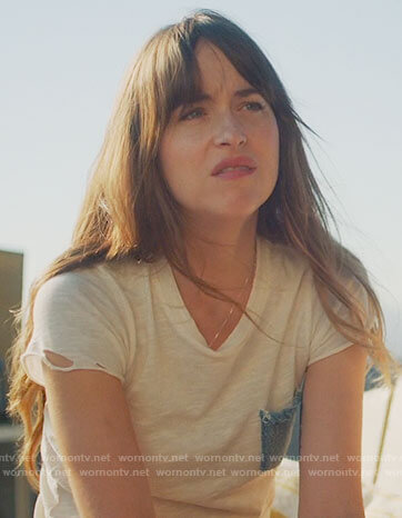 Maggie's white tee with denim pocket on The High Note