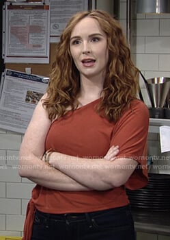 Mariah's red one-shoulder tie waist top on The Young and the Restless
