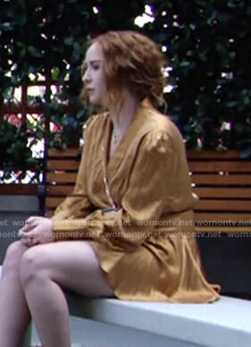 Mariah's yellow satin wrap mini dress on The Young and the Restless