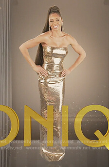 Monique's gold off shoulder dress on The Real Housewives of Potomac