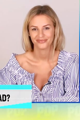 Morgan's blue stripe off shoulder dress on E! News Daily Pop