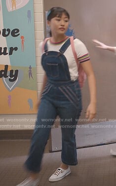 Rachelle's rainbow striped trim top and overalls on Trinkets