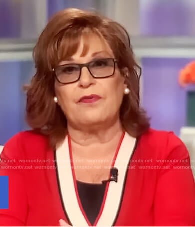 Joy's red contrast trim cardigan on The View