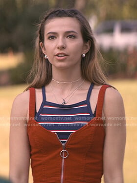 Blair's blue striped cami and red corduroy dress on Teenage Bounty Hunters