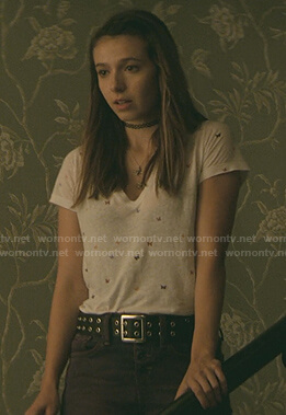Blair's white butterfly print tee on Teenage Bounty Hunters