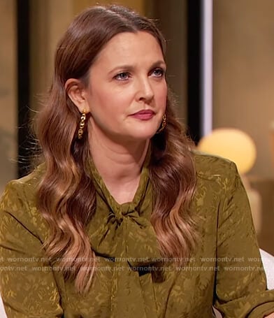 Drew's green silk tie neck blouse on The Drew Barrymore Show