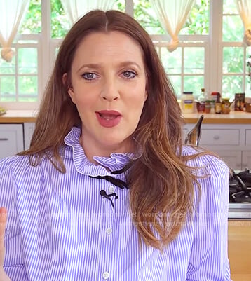 Drew's blue stripe tie neck blouse on The Drew Barrymore Show
