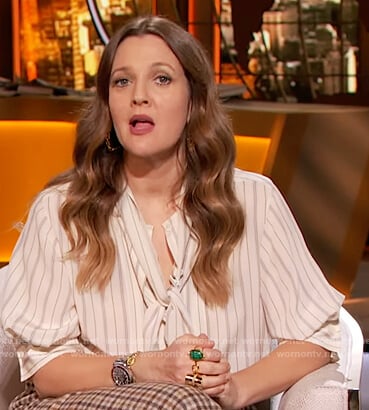 Drew's striped tie neck blouse on The Drew Barrymore Show