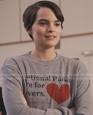 Elodie's gray Nation Parks sweatshirt on Trinkets