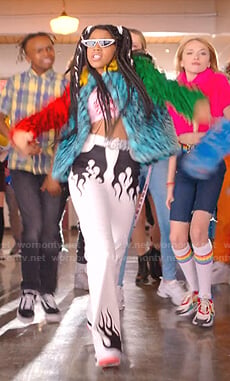 Flynn's colorblcok fur jacket and white flame pants on Julie and the Phantoms