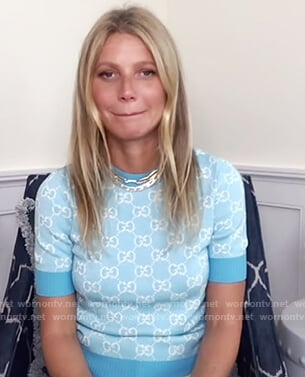 Gwyneth Paltrow's light blue knitted top on The Drew Barrymore Show