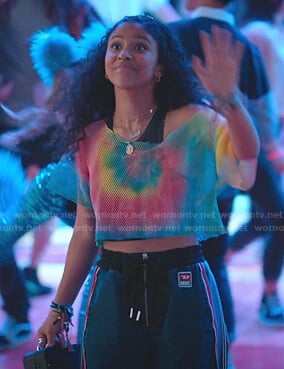 Julie's rainbow cropped mesh top and side striped pants on Julie and the Phantoms