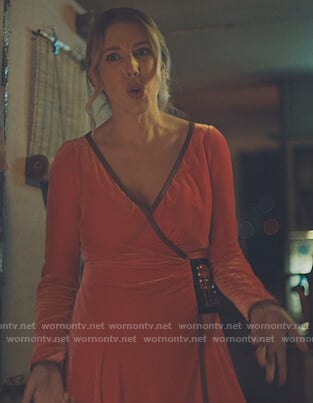 Katherine's red velvet embellished wrap dress on The Duchess