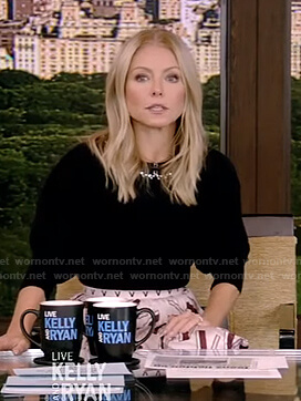 Kelly's black embellished sweater and print skirt on Live with Kelly and Ryan